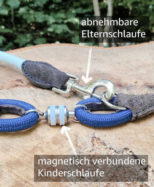 Ein Produkfoto der Zauberleine mit den wichtigen Merkmalen der Elternschlaufe und der magnetisch verbundenen Kinderschlaufe